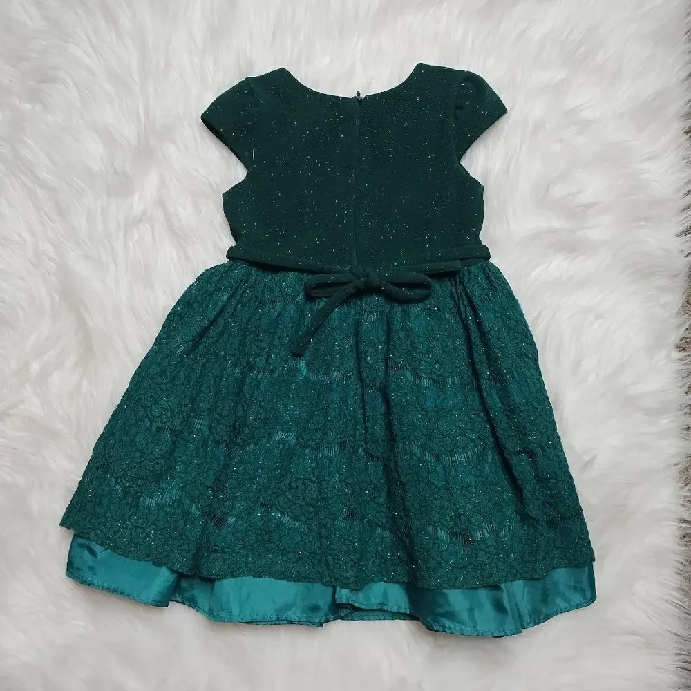 Girls Green Sparkle Lace Overlay Dress with‎ Gold Belt Size 5